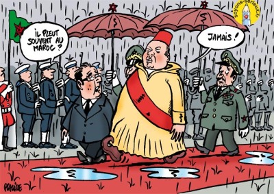 President Hollande: "Does it rain often in Marocco?" - King Mohammed VI: "Never." Artwork by Placide http://soyons-serieux.fr/author/eric/
